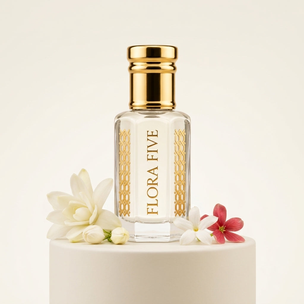 Gucci Bloom inspired attar for women — alcohol-free perfume oil by Flora Five: pale cream oil on a white plinth with tuberose and jasmine